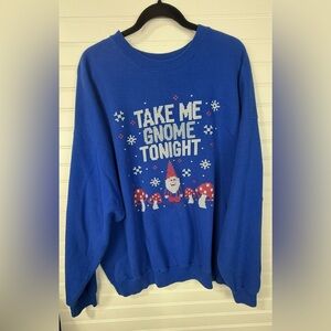 Take Me Gnome Tonight blue holiday printed cross stitch sweatshirt. Size 2XL